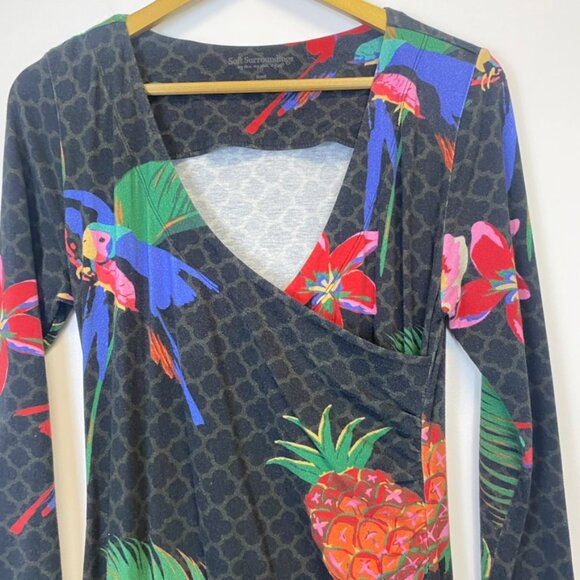 Soft Surroundings Wear Anywhere Tropical Floral Bird Faux Wrap Maxi Dress - Picture 8 of 16